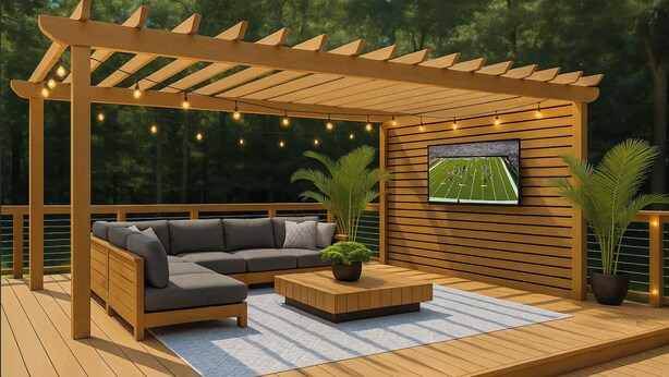 A wooden deck with a pergola, a sectional sofa, a coffee table, and a flat-screen TV mounted on a wooden wall. - Spacious 6-bedroom estate with AC in Atlanta (Atlanta)