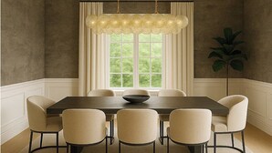 A dining room with a rectangular table, six chairs, a chandelier, and a window with curtains. - Spacious 6-bedroom estate with AC in Atlanta (Atlanta)