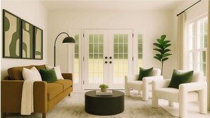 A living room with a sofa, two armchairs, a coffee table, and a large plant. - Spacious 6-bedroom estate with AC in Atlanta (Atlanta)