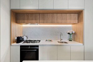 Fridge, microwave, dishwasher, dining tables