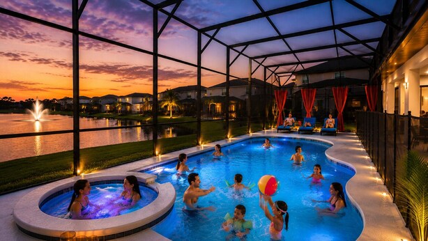 A swimming pool area with a view of a lake, a hot tub, and a covered seating area. - 27-bedroom luxury villa near Disney (Kissimmee)