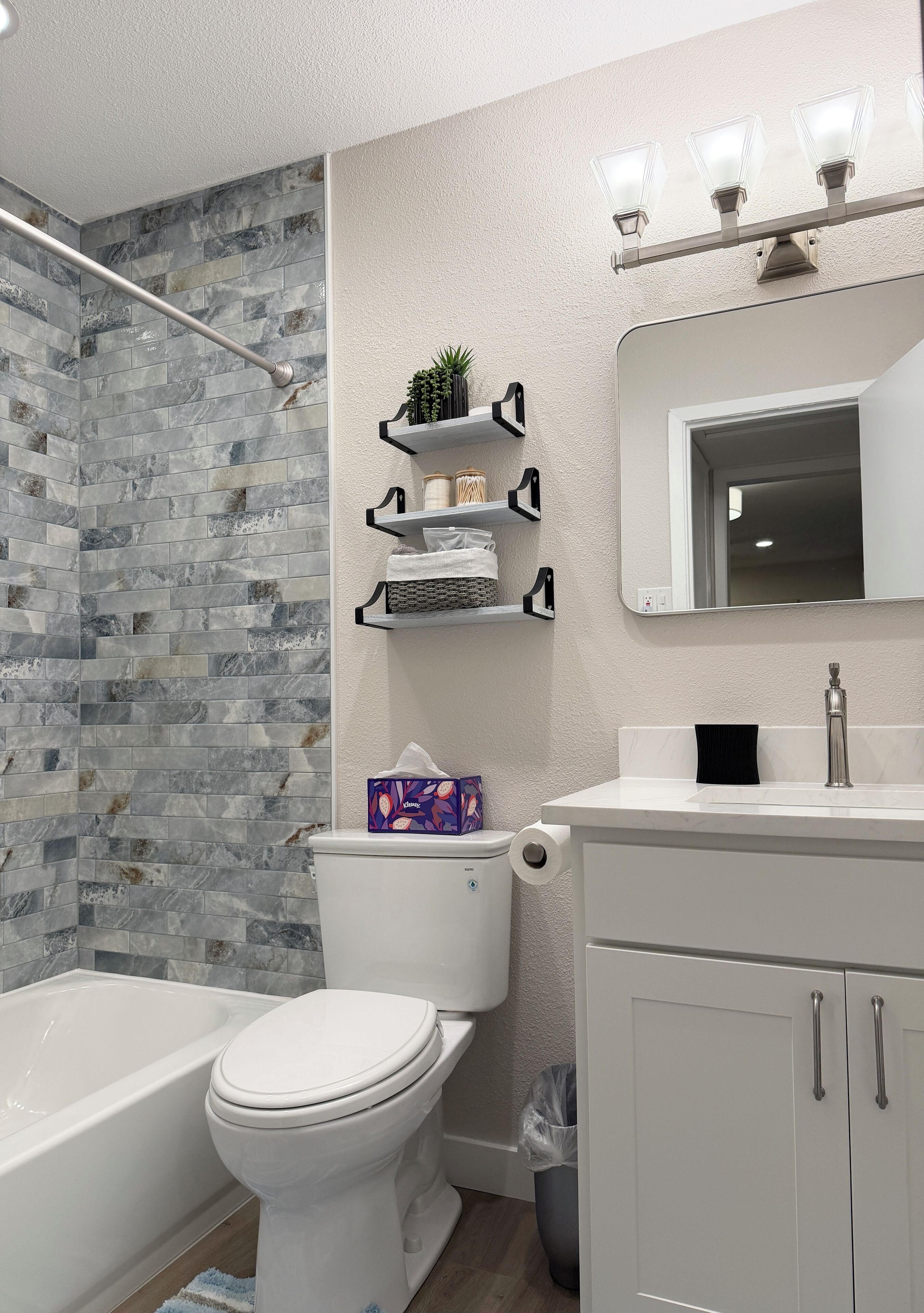 Hair dryer, towels, soap, shampoo