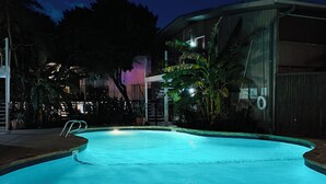 A swimming pool with a stone border, surrounded by a fence and trees.