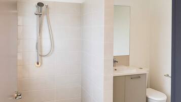 Regadera, secadora de cabello, toallas