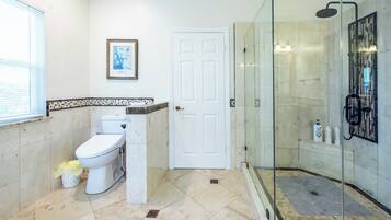 Un bagno con il water, una doccia con pareti in vetro e una porta bianca.