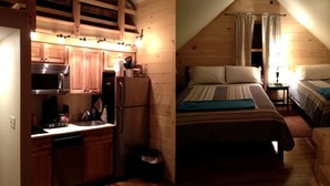 Una cocina compacta con armarios de madera, un microondas y un refrigerador.