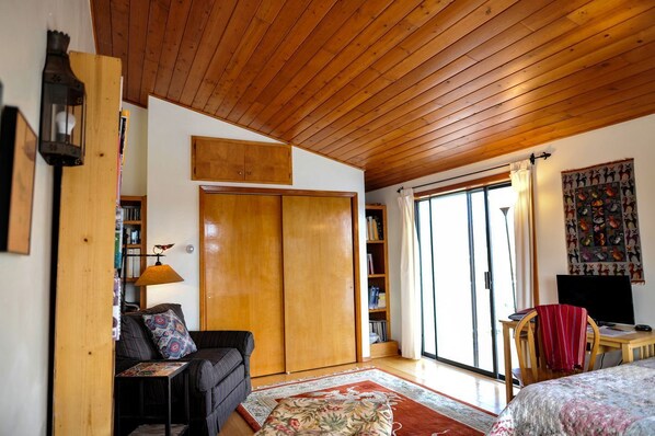 A room with a wooden ceiling, a sliding door, a sofa, a bookshelf, a TV, and a patterned rug.