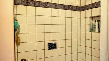Hair dryer, towels, soap, shampoo