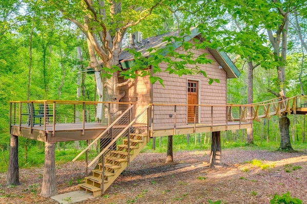 Une cabane dans les arbres avec un escalier en bois, une petite véranda et une fenêtre.