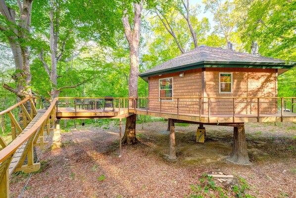 Eine Holzhütte auf Stelzen in einem Wald, mit einer Holzterrasse und einer Brücke.