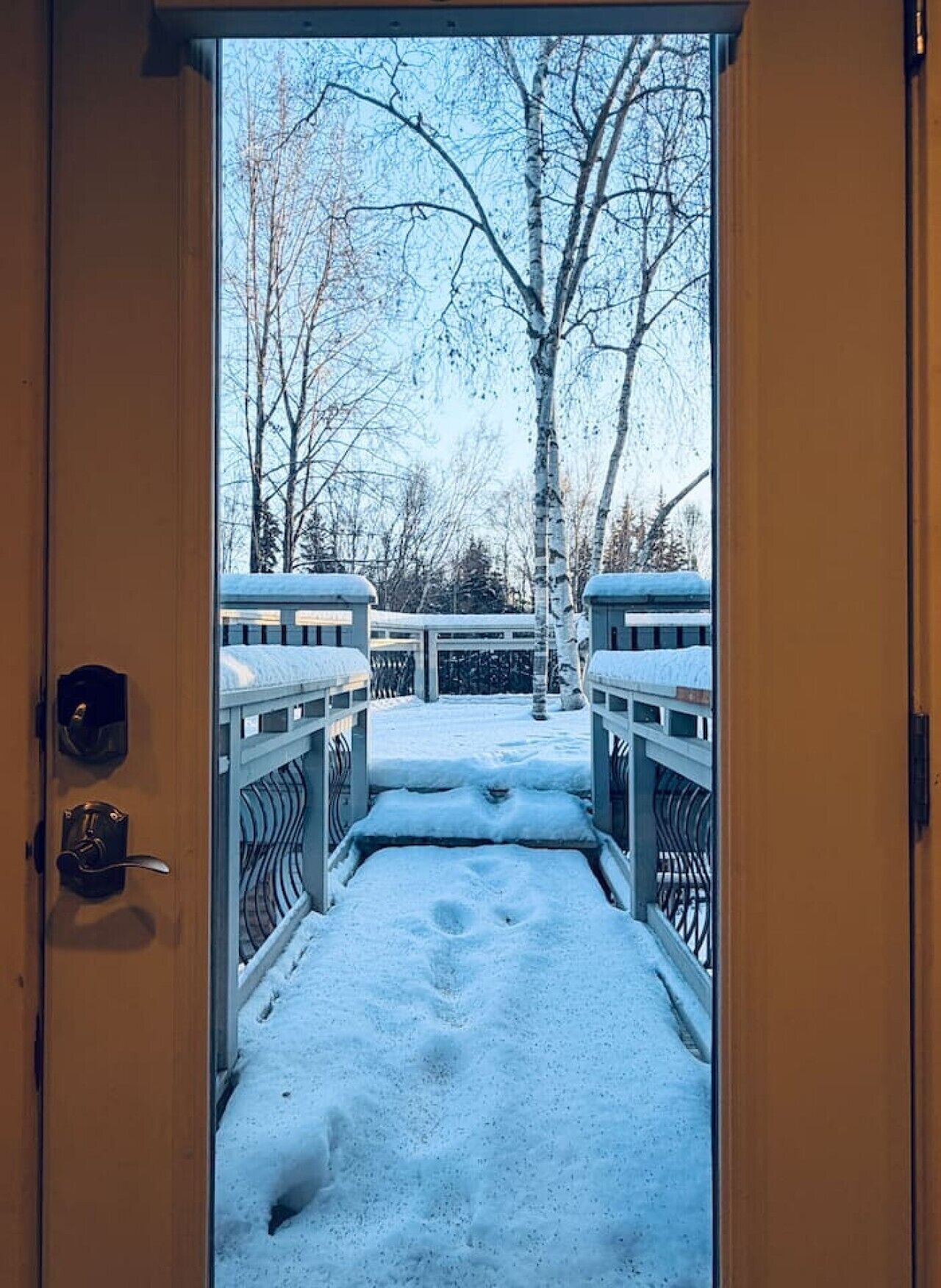 En snötäckt gång leder till en uteplats med räcken, och man passerar en dörröppning på vägen.