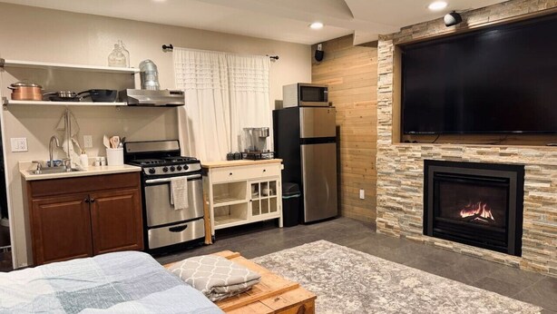A compact living space with a kitchenette, a bed, a fireplace, and a TV mounted on the wall.