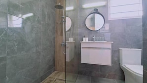 Une salle de bain moderne avec une douche à parois de verre, un plancher en bois, un lavabo blanc avec un miroir au-dessus et des toilettes.