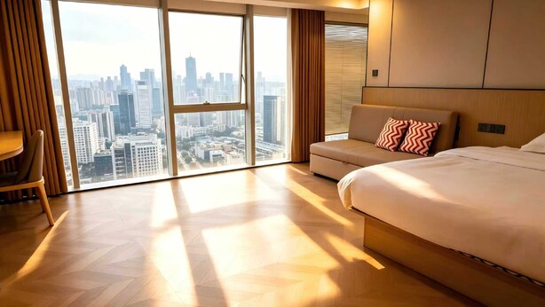 A hotel room with a large window, a bed, a sofa, and a chair. - Paxin·High-Altitude City View Apartment (Canton Fair Complex Pazhou Subway Station Branch) (Guangzhou)