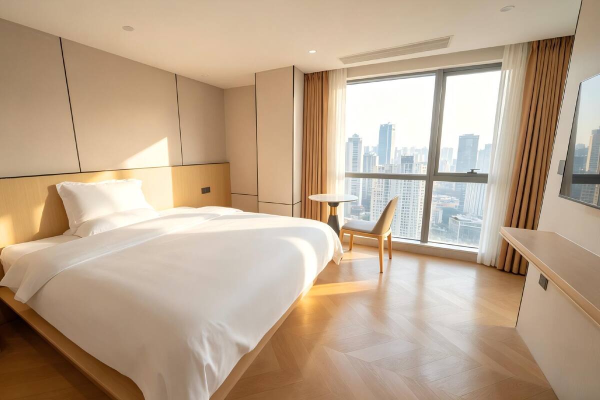 A modern hotel room with a large bed, a small table, a chair, and a city view.