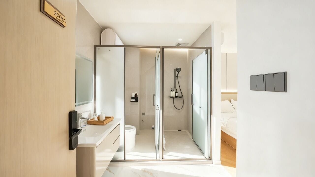 Comfort-Zweibettzimmer, 2 Doppelbetten, Klimaanlage, eingeschränkter Seeblick | Badezimmer | Dusche, Haartrockner, Handtücher, Shampoo