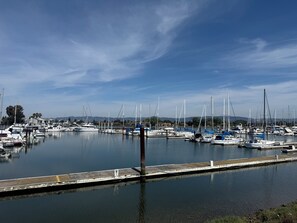 A marina with multiple boats docked, calm water, and a clear sky.