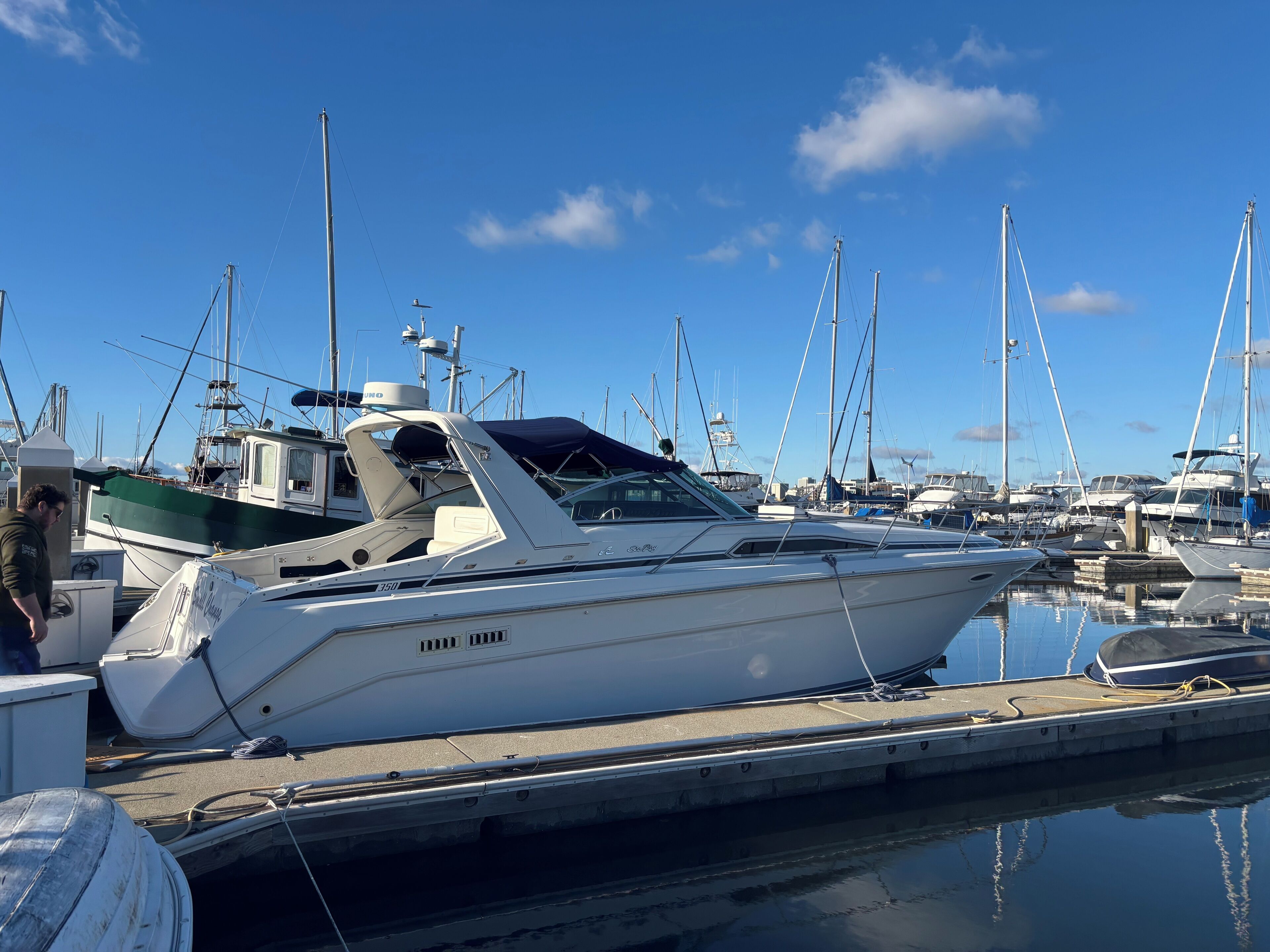 A marina with several boats docked.