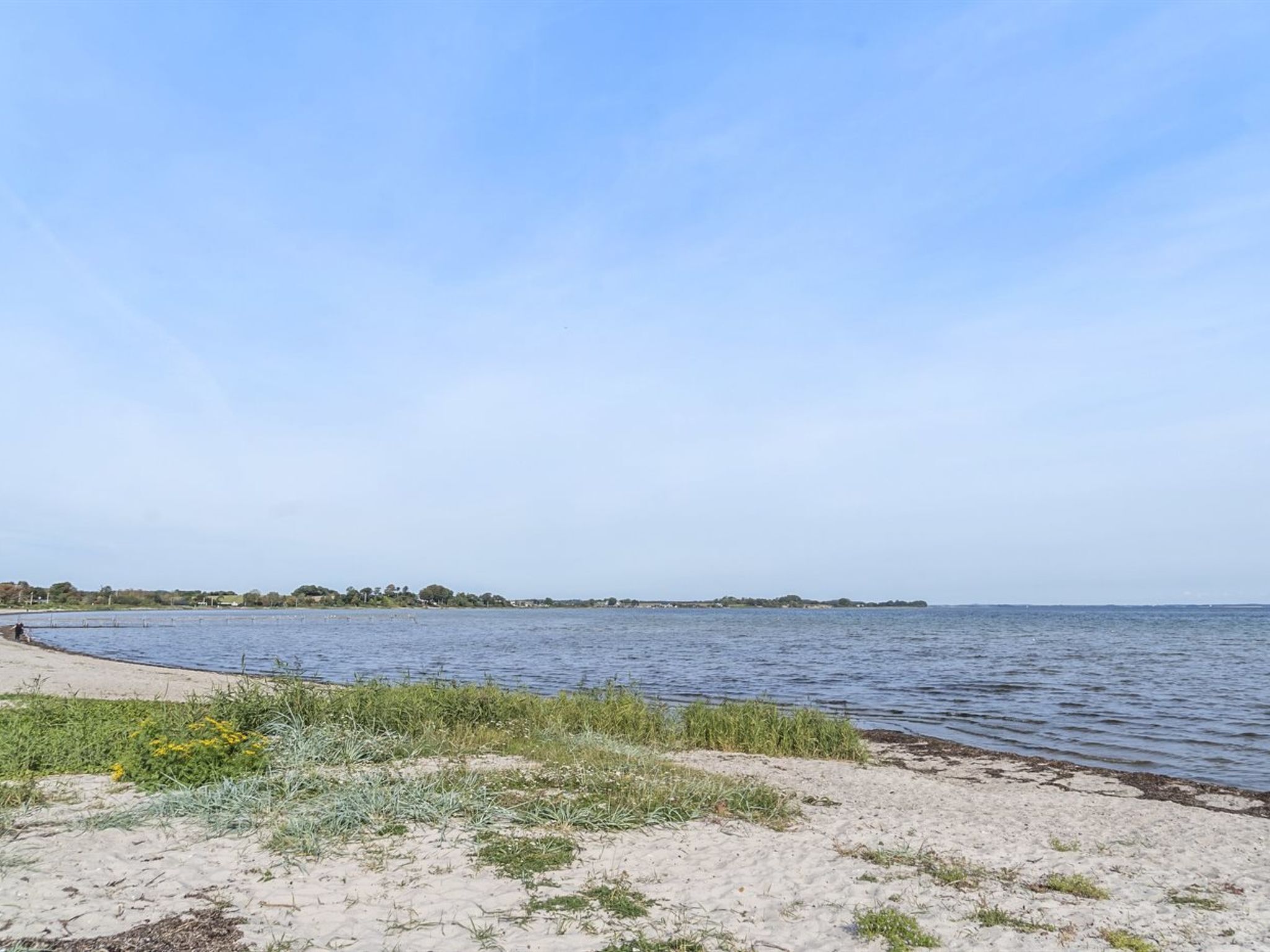 Een strand met een zandstrand en kalm water.