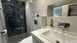 Een moderne badkamer met een douchecabine van glas, een witte wastafel en een toilet.