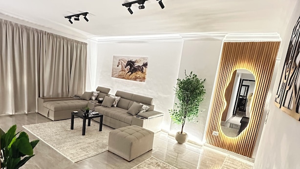 Una sala de estar moderna con sofá, reposapiés, mesa de centro y una planta en maceta.
