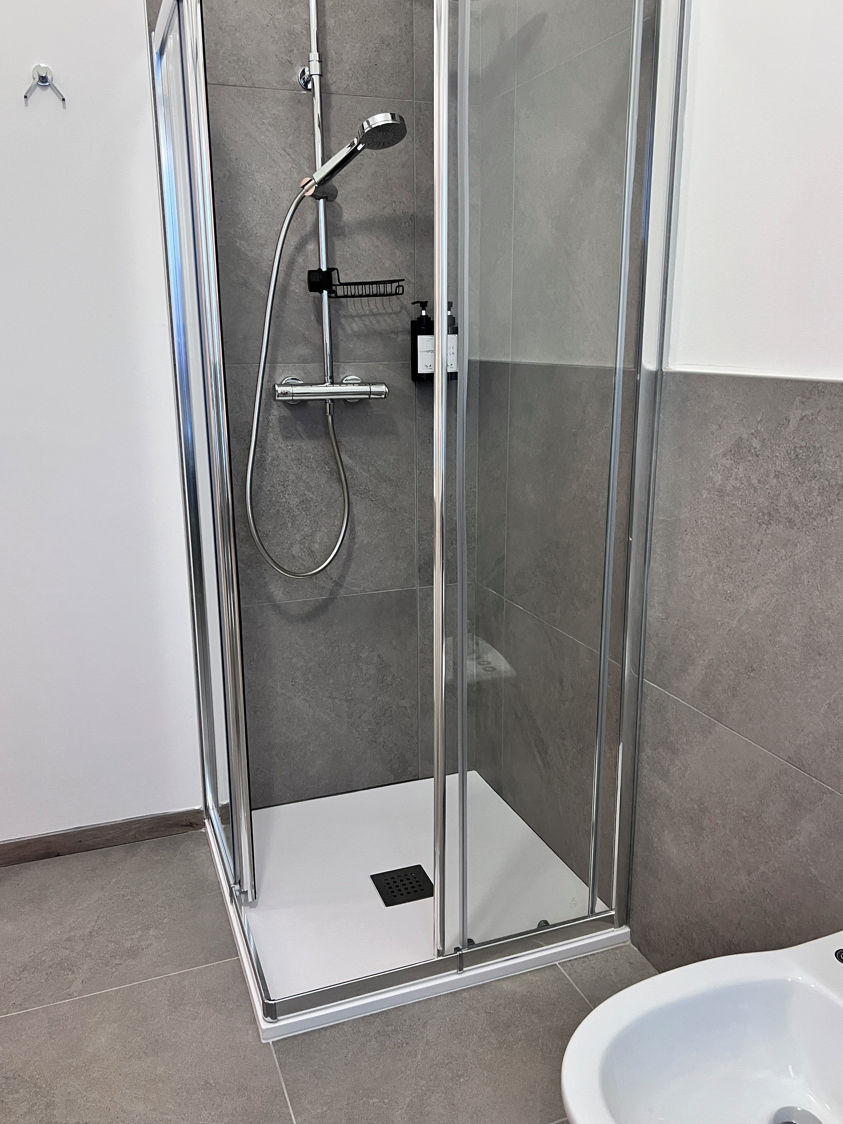 Une cabine de douche fermée par des parois en verre, dotée d’un pommeau de douche à main et d’un robinet fixé au mur.