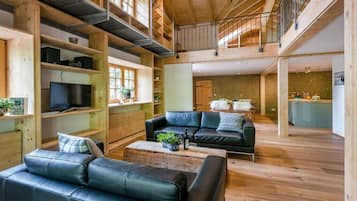 Smart TV, fireplace, DVD player, stereo