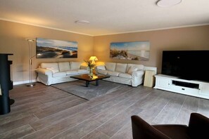 Smart TV, chimenea, reproductor de DVD y estéreo 