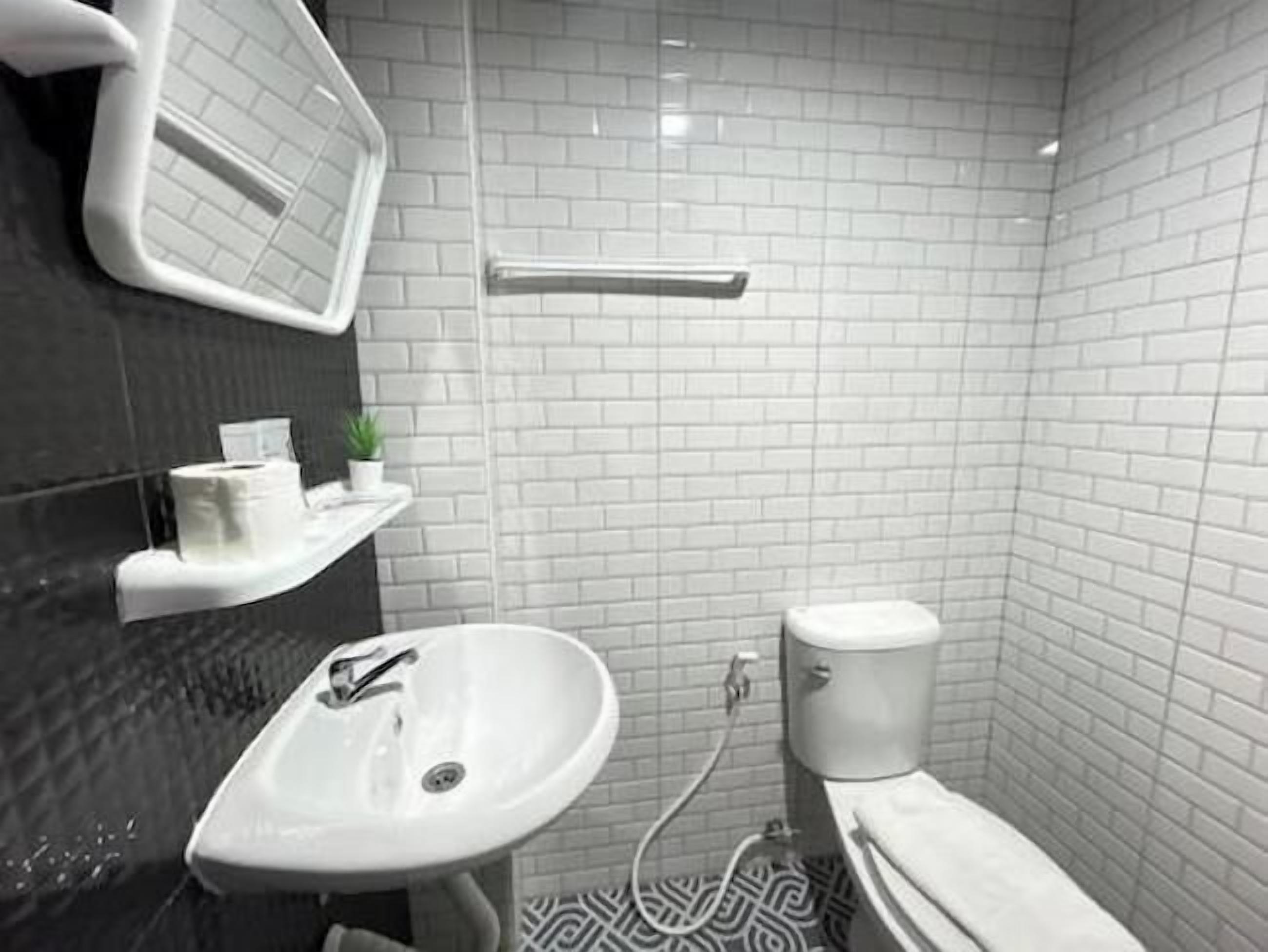 A bathroom with a white sink, toilet, and a mirror. There is a shelf with toiletries and a small plant.