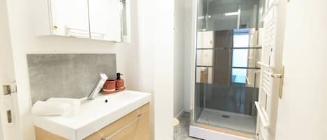 Douche, séchoir à cheveux, serviettes fournies, savon