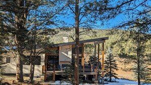 Uma cabana moderna com varanda, cercada por árvores e neve.
