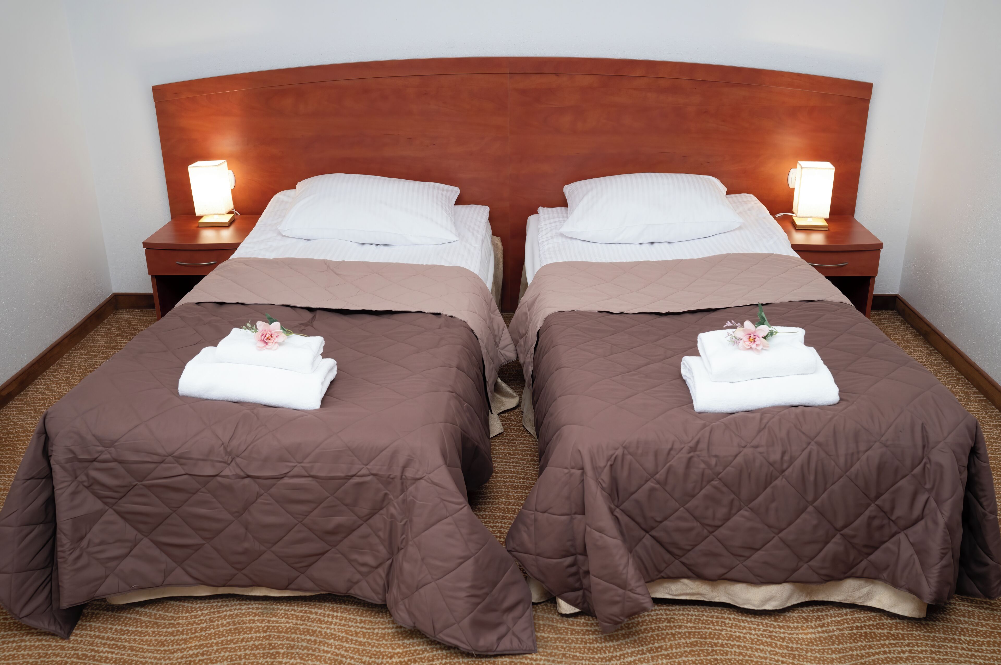 A double room with two beds, each with a brown quilted bedspread and white pillows. There are two bedside tables with lamps, and towels are neatly folded on each bed.