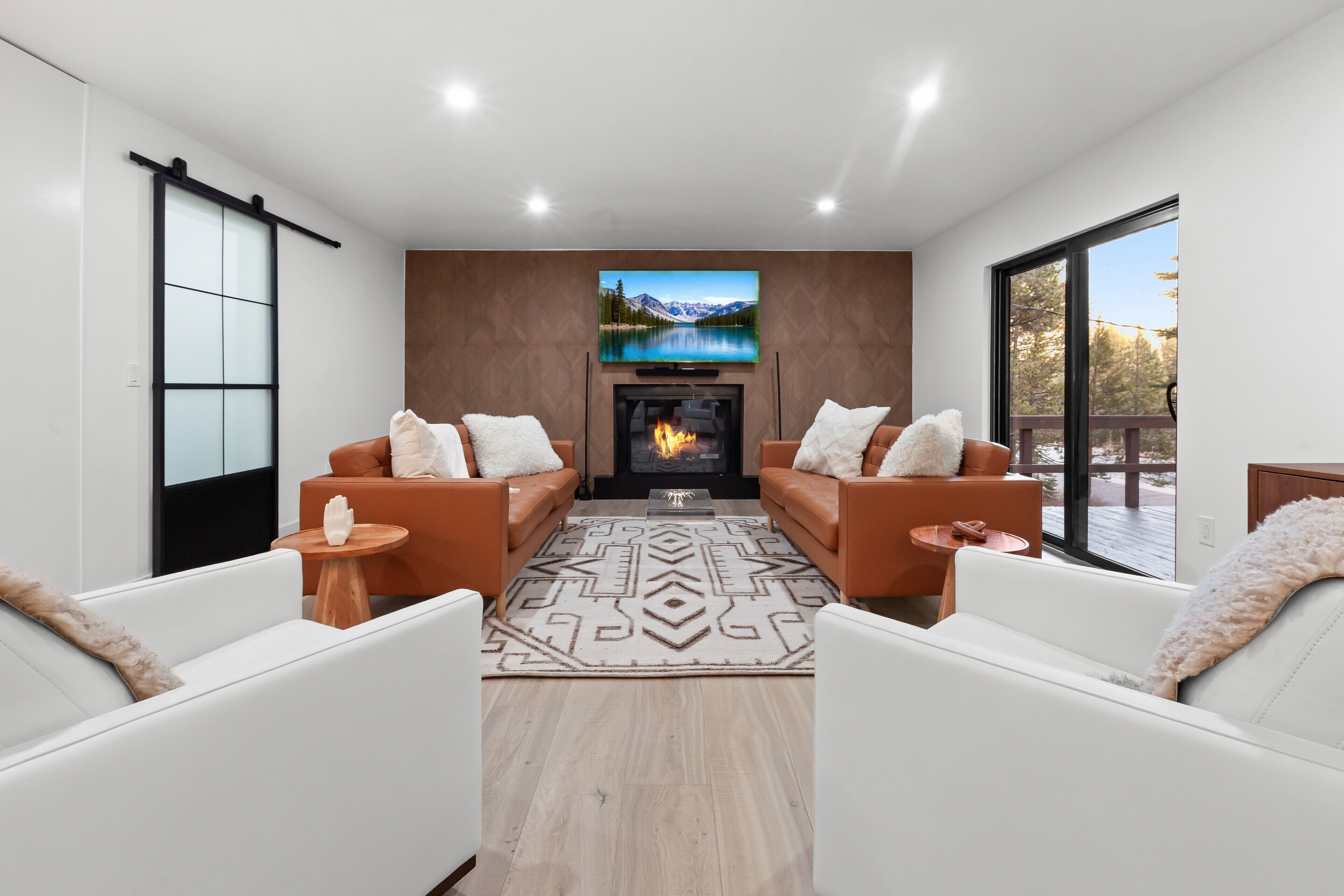 Smart TV, fireplace, foosball