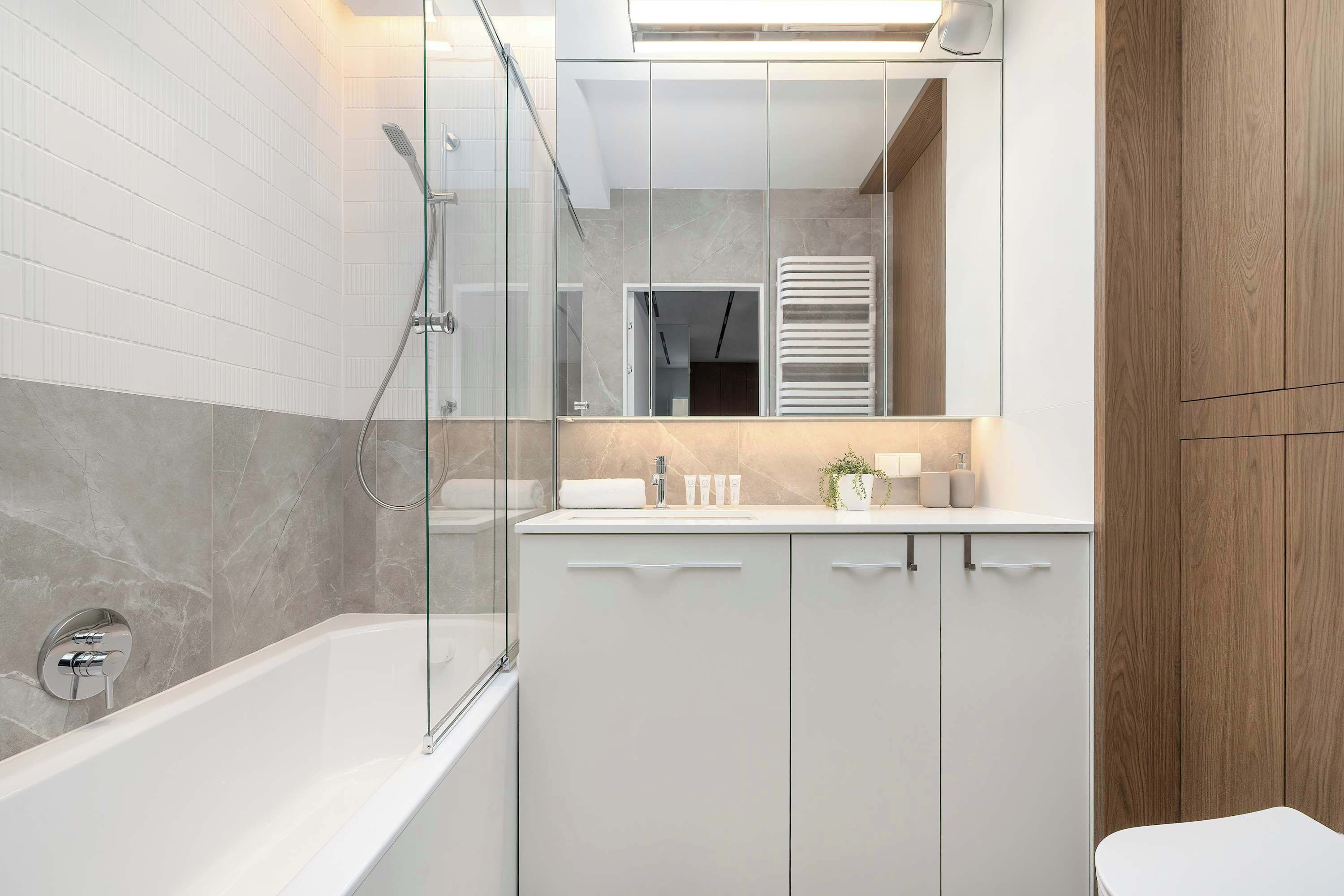 Shower, hair dryer, towels, shampoo