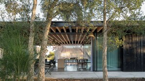 Un área de comedor al aire libre moderna con cerramiento de vidrio, pérgola de madera y vistas al interior.