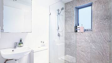 Shower, hair dryer, towels, soap