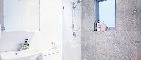Shower, hair dryer, towels, soap