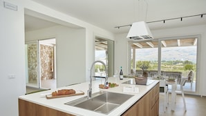 Een moderne keuken met een groot eiland, een roestvrijstalen spoelbak en uitzicht op de omgeving.