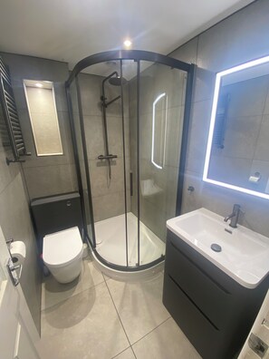 Ein modernes Badezimmer mit einer gläsernen Duschkabine, einer Toilette und einem Waschbecken mit Spiegel.