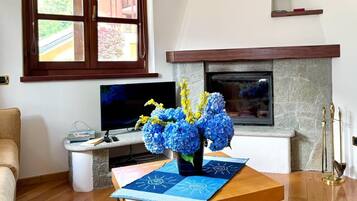 Een televisie en een open haard