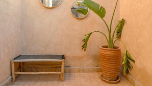 Ein kleiner, abgegrenzter Außenbereich mit einer Holzbank, einem großen Blumentopf und zwei runden Spiegeln an der Wand.