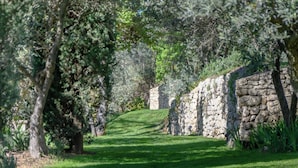 Eine Steinsäule mit steinbogigem Durchgang, umgeben von üppiger Vegetation und Bäumen.