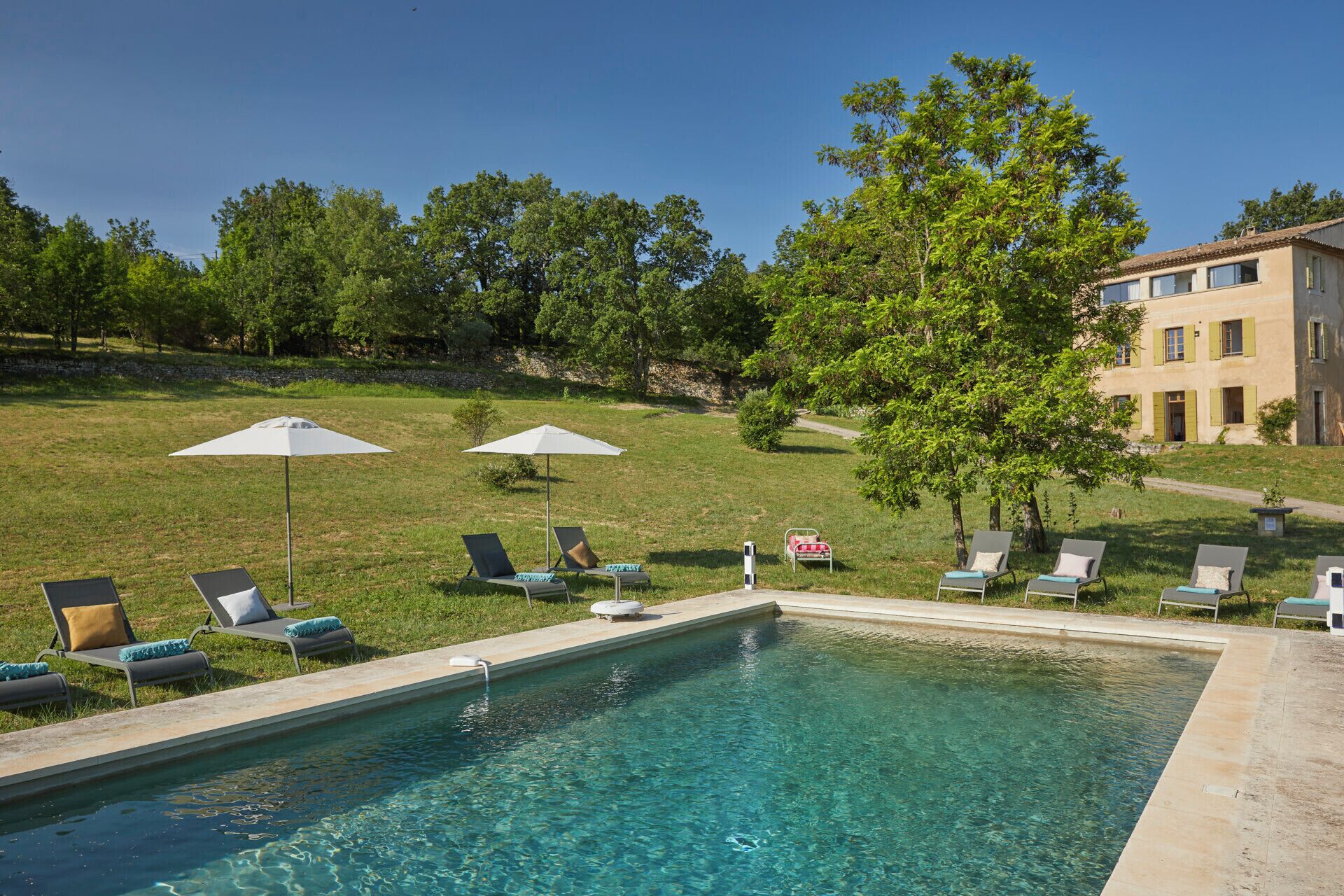 A swimming pool with lounge chairs and umbrellas, surrounded by a grassy area and trees.