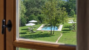 Blick durch ein Fenster auf einen Poolbereich mit Liegestühlen und Sonnenschirmen, umgeben von üppiger Vegetation und Bergen im Hintergrund.