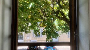 Ein Fenster mit Blick auf einen Baum und parkende Autos.