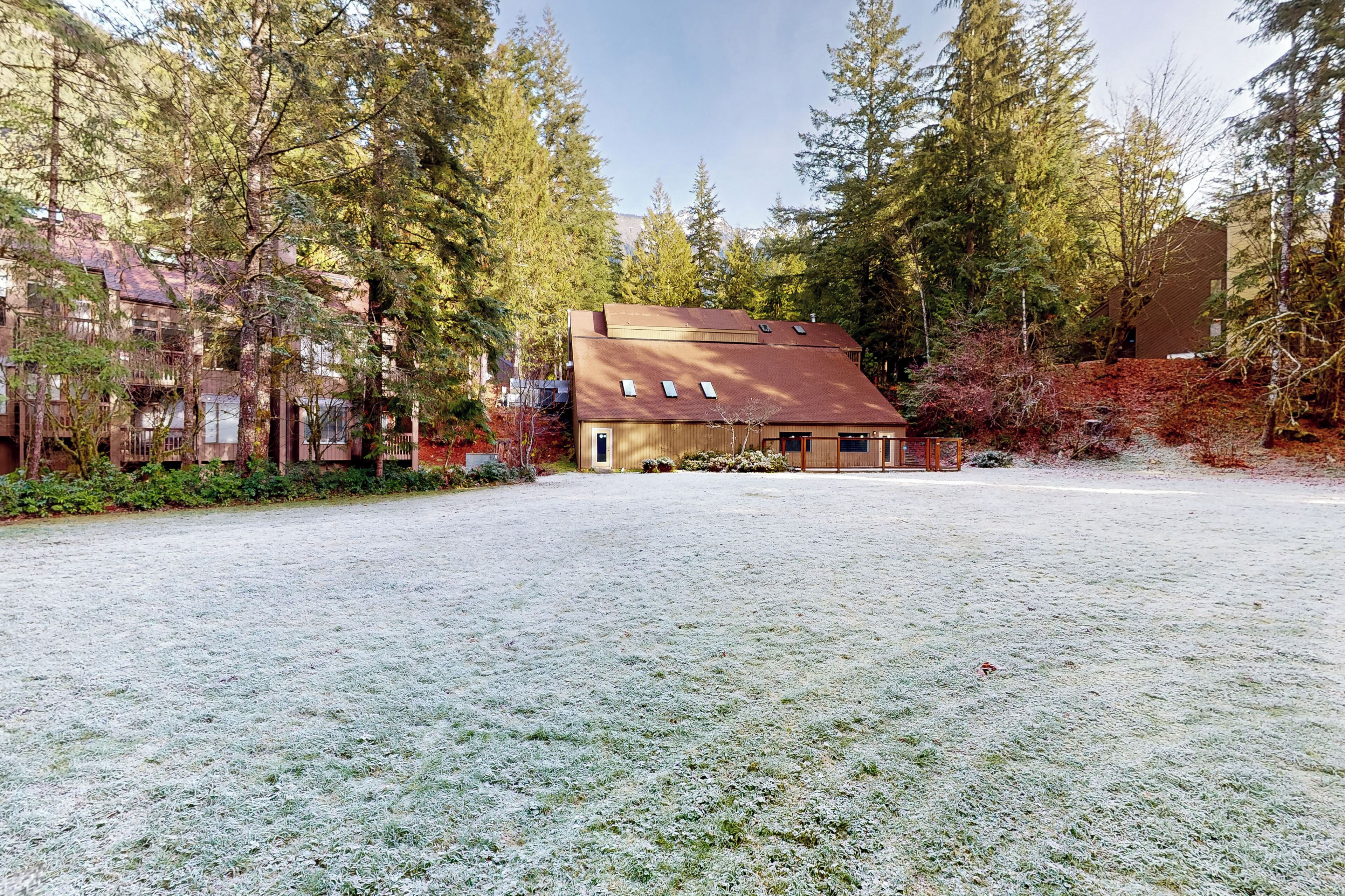 Una casa con techo inclinado, rodeada de altos árboles y un césped cubierto de nieve.