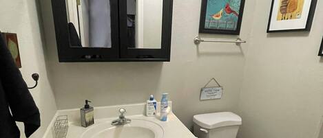 Ein Badezimmer mit einem weißen Waschbecken, einem schwarzen Schrank, einer Toilette und zwei gerahmten Kunstwerken an der Wand.