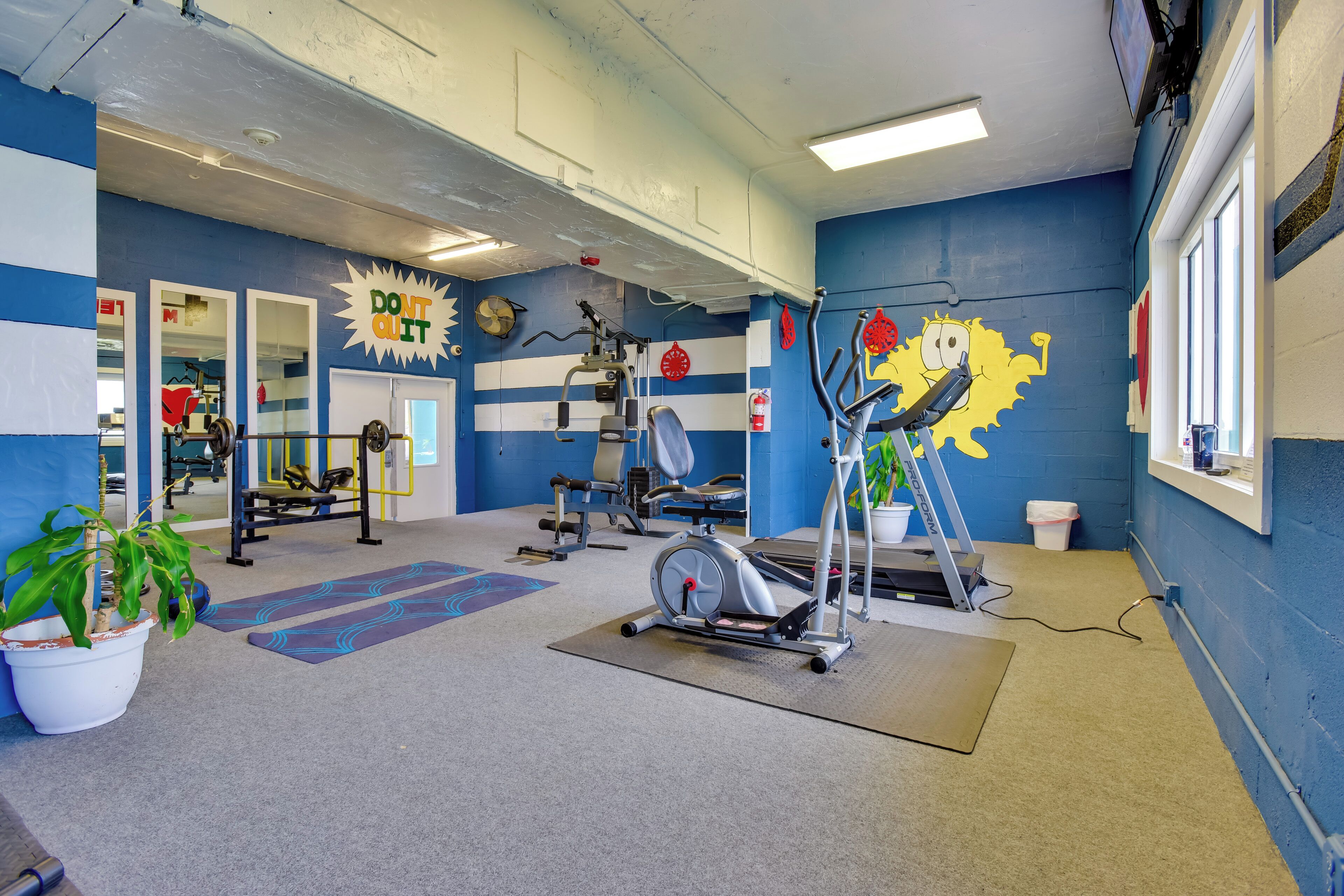 Un gimnasio con equipo de ejercicio, una planta en maceta y decoración mural motivacional.