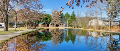 A serene pond with reflections of trees and buildings, surrounded by a park with benches and a clear sky.