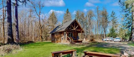 Un chalet rustique avec une façade en bois, une véranda et un espace barbecue en pierre.